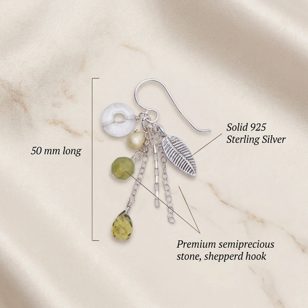 Technical breakdown of our 925 sterling silver leaf chain drop earrings detailing the 50mm length and lime green semiprecious stones.