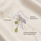 Technical breakdown of our 925 sterling silver leaf chain drop earrings detailing the 50mm length and lime green semiprecious stones.