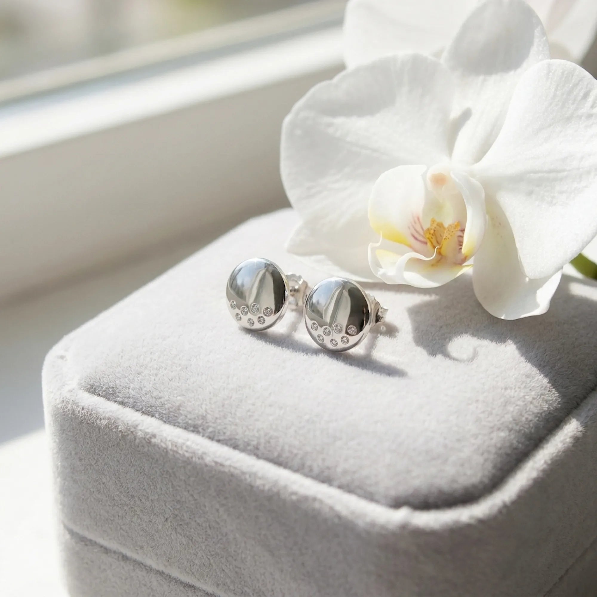 Silver dome stud earrings on grey velvet gift box with white orchid flower — gifting presentation