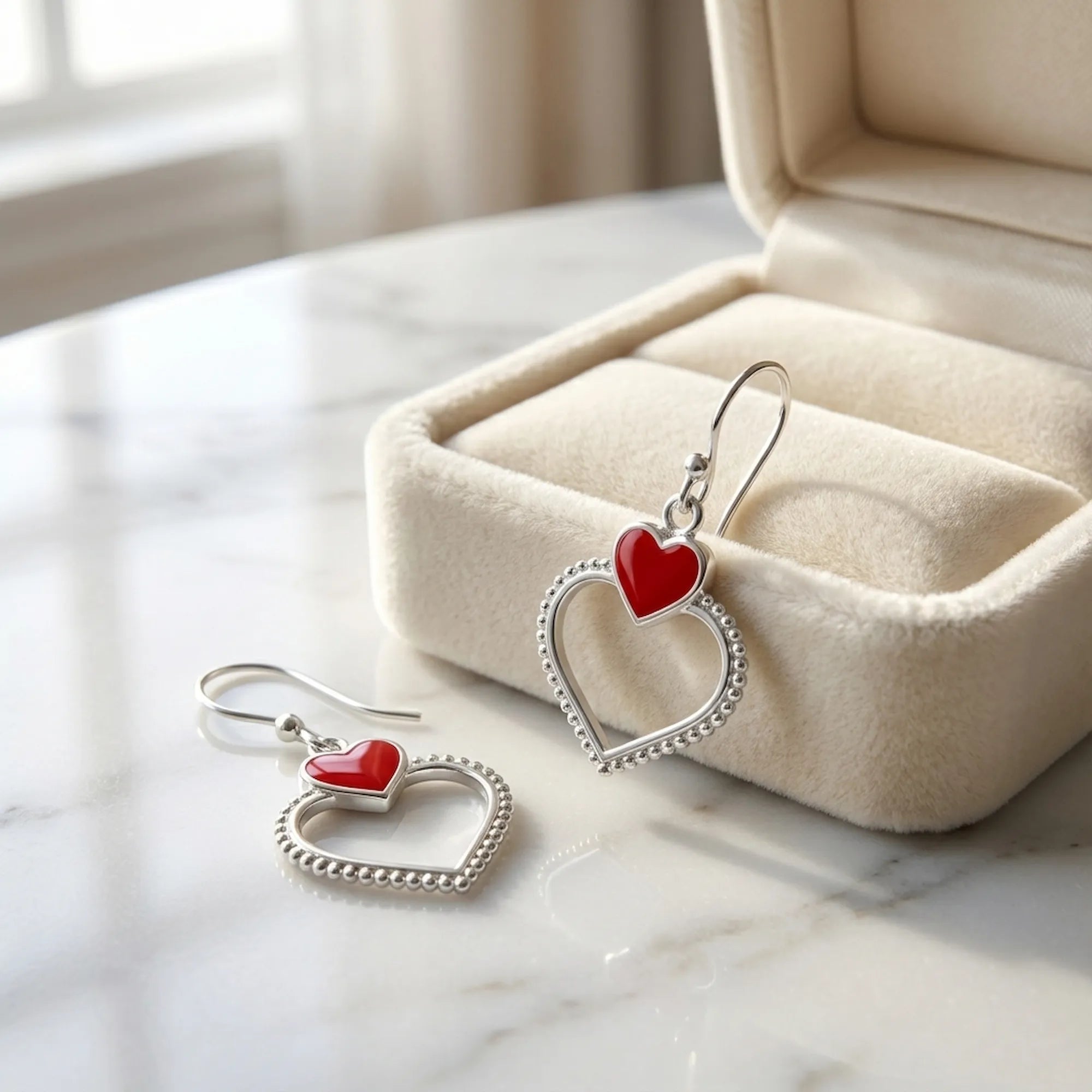 Red enamel double heart drop earrings on white marble beside open Luna Dura cream velvet gift box in soft natural light
