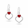  Double heart drop earrings in sterling silver with red enamel upper heart and milgrain-beaded open lower heart, white background