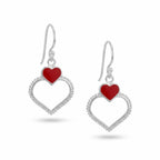  Double heart drop earrings in sterling silver with red enamel upper heart and milgrain-beaded open lower heart, white background