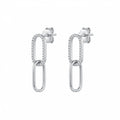 Double link silver earrings with clear stones on the top loop photographed in Dubai on a white background.