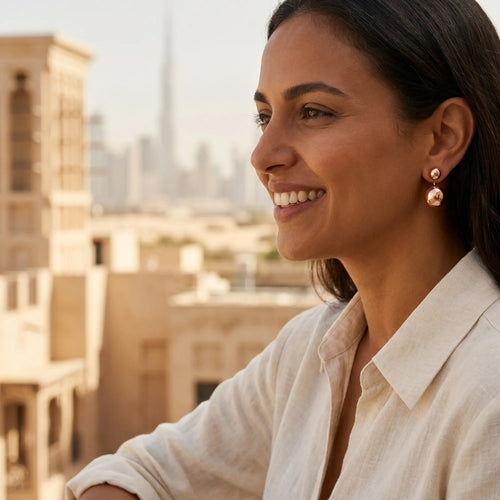 Model wearing double sphere drop earrings — Burj Khalifa and Old Dubai skyline, rose gold 925 silver lifestyle
