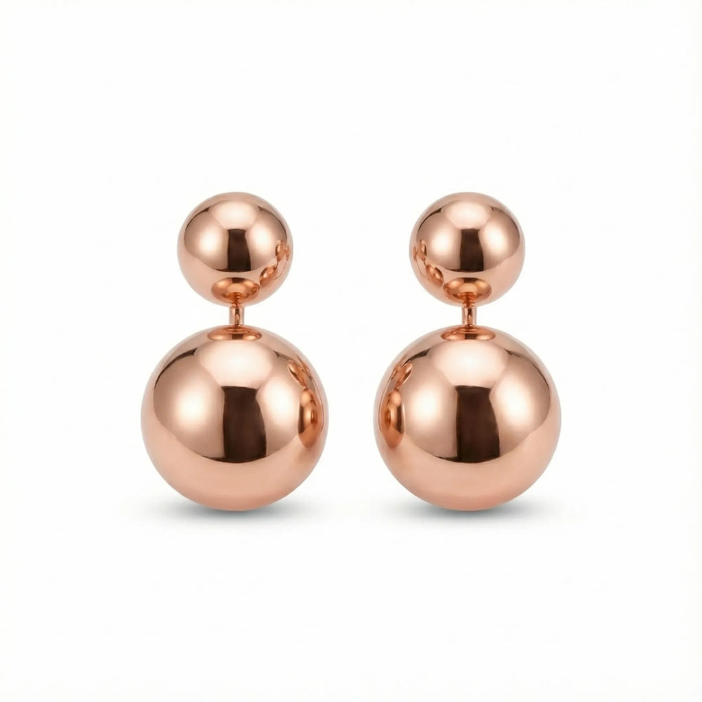 Both 2-in-1 double sphere earrings on white — rose gold 925 silver, full configuration face-forward
