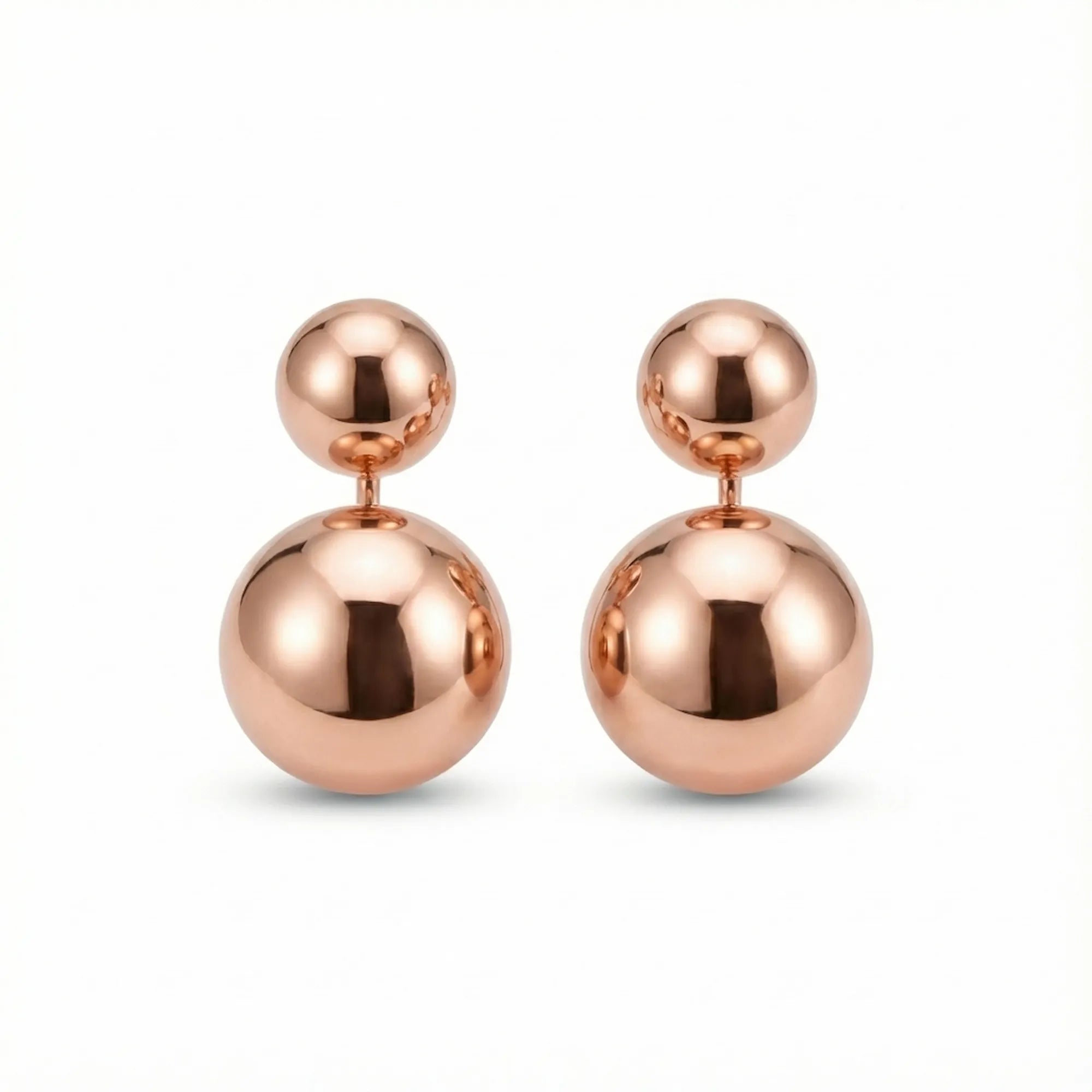 Both 2-in-1 double sphere earrings on white — rose gold 925 silver, full configuration face-forward