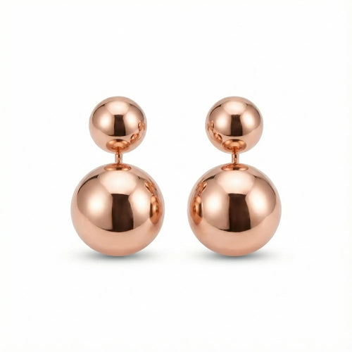 Both 2-in-1 double sphere earrings on white — rose gold 925 silver, full configuration face-forward