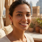 Model smiling with double sphere earrings — Madinat Dubai heritage architecture, rose gold 925 silver