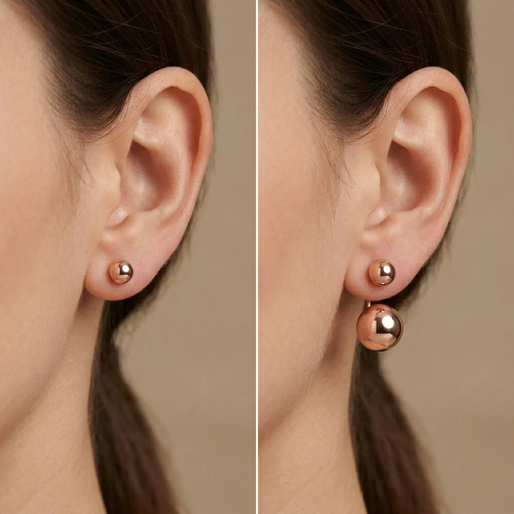 Split panel showing stud-only left and full double sphere right — same ear, rose gold 925 silver both modes