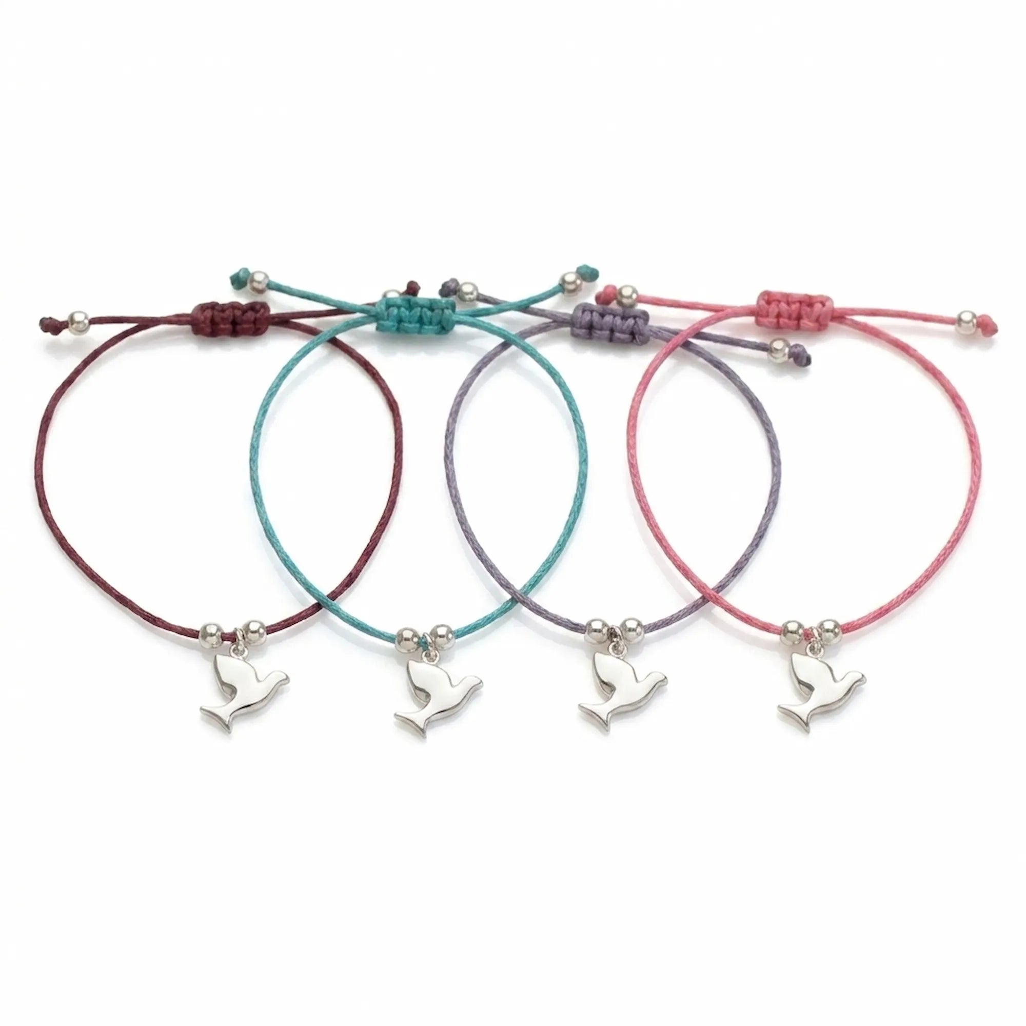  Silver dove charm bracelet in four cord colours — rose pink, burgundy, lavender and blue — on white background