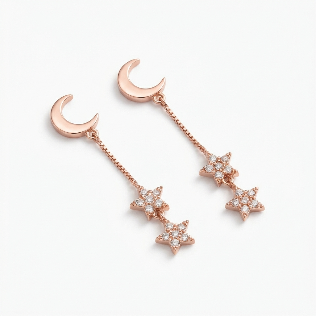 Sterling Silver Earrings with Rose Gold Moon and Star Pave CZ Dangle