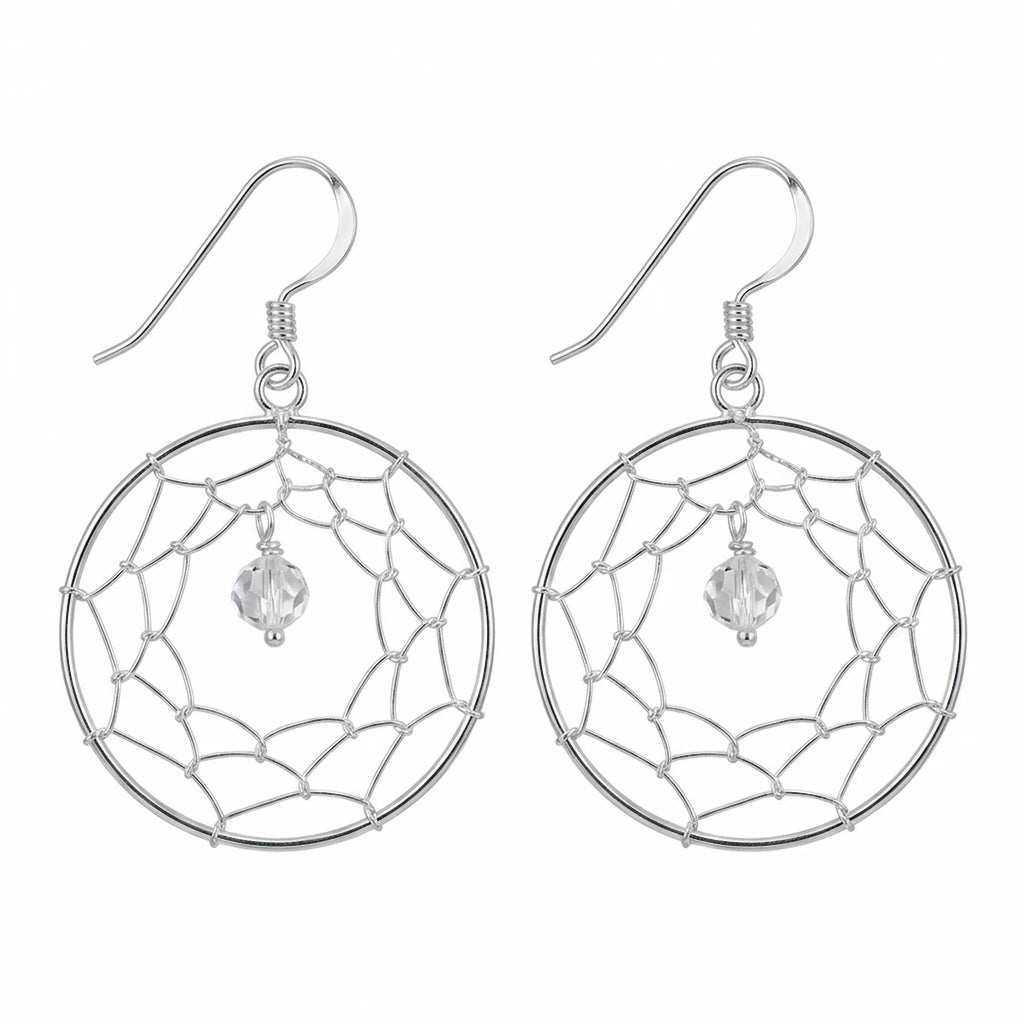 Dreamcatcher drop earrings in 925 sterling silver with hand-woven wire web and cubic zirconia bead, white background