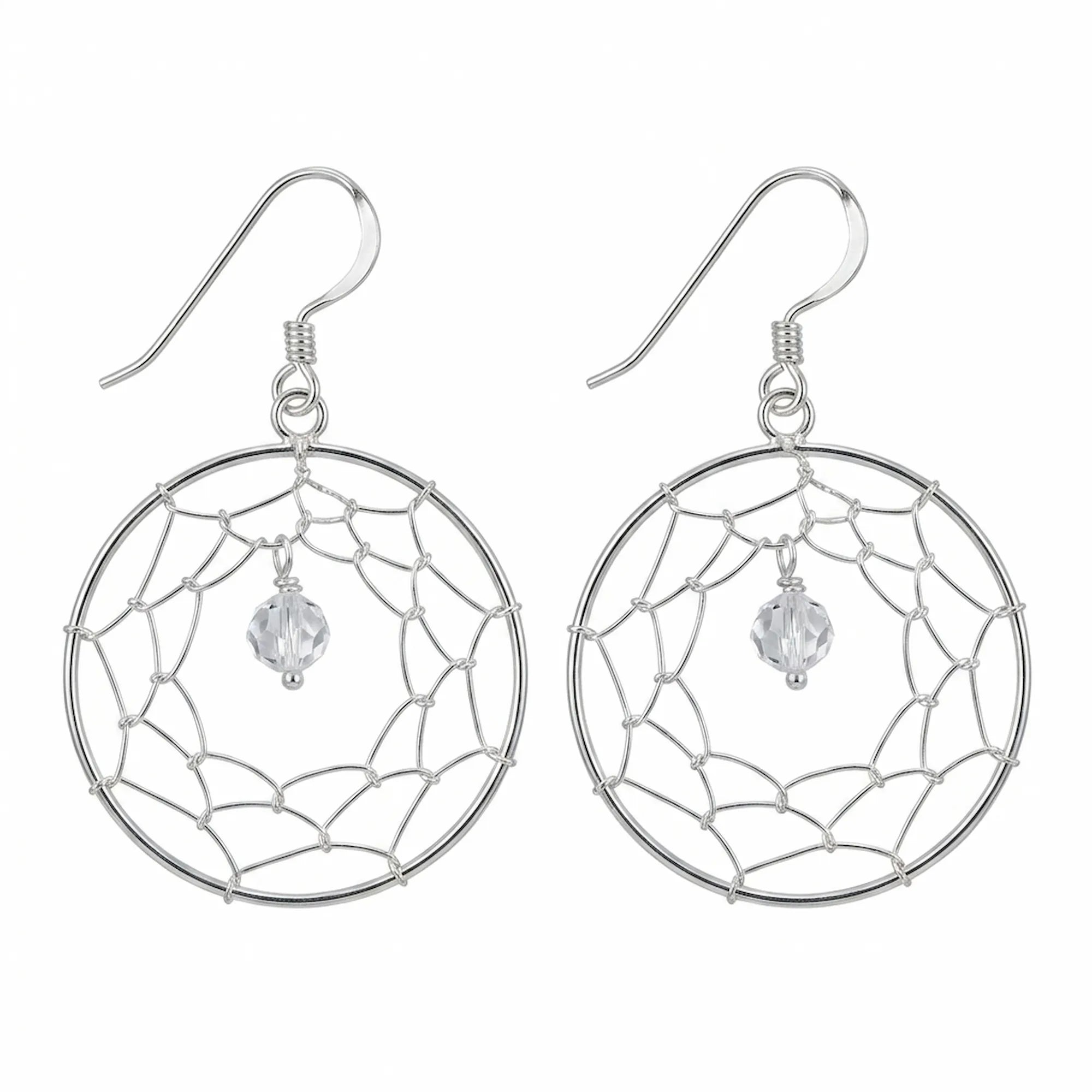 Dreamcatcher drop earrings in 925 sterling silver with hand-woven wire web and cubic zirconia bead, white background