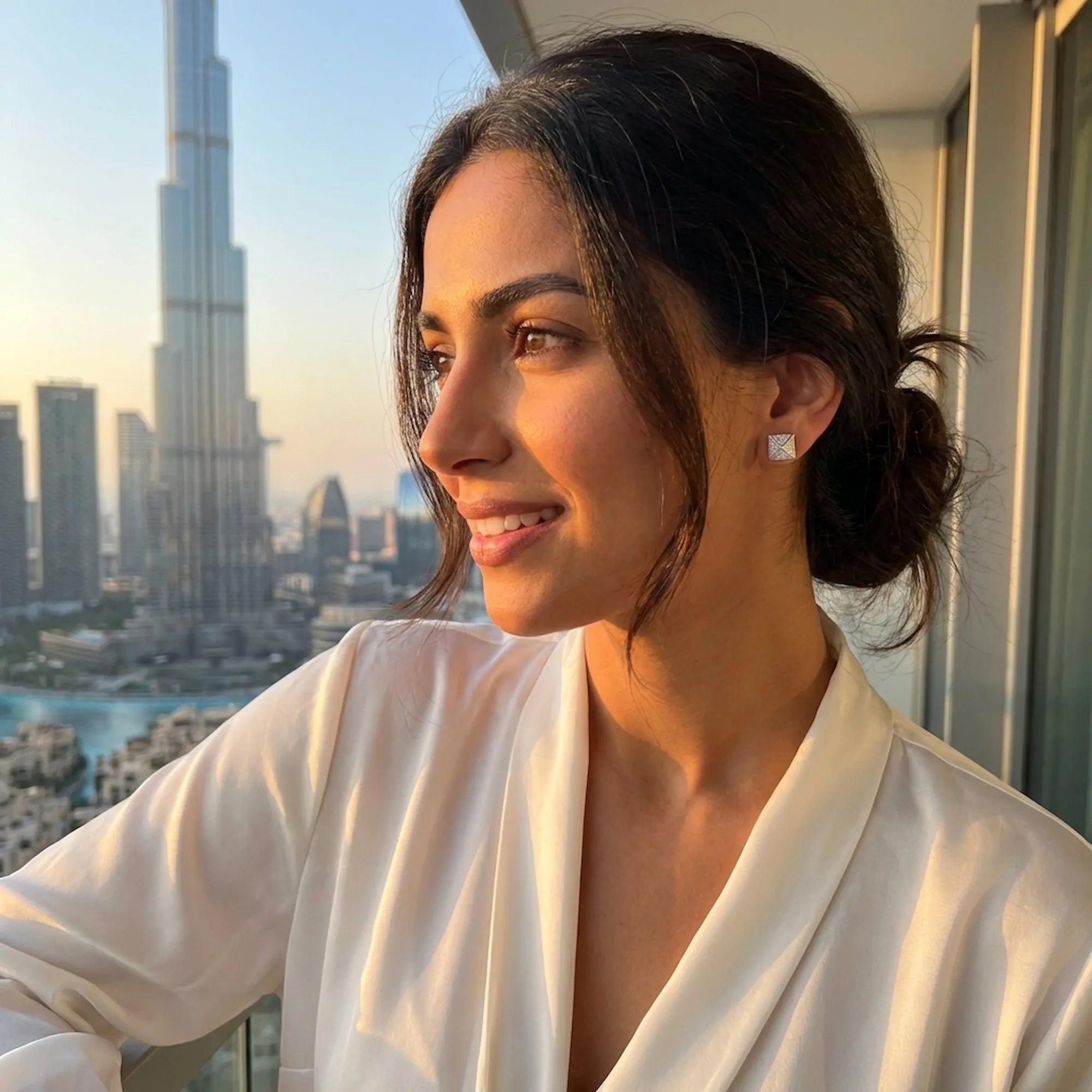Woman wearing pyramid CZ stud earrings — Dubai skyline at sunset, rhodium 925 silver