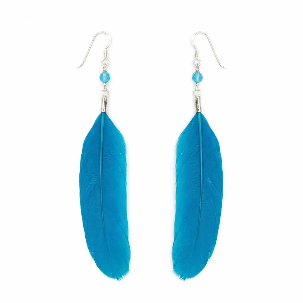 Electric blue feather drop earrings on 925 silver shepherd hook with crystal bead — product hero shot