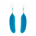 Electric blue feather drop earrings on 925 silver shepherd hook with crystal bead — product hero shot