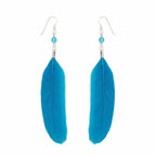 Electric blue feather drop earrings on 925 silver shepherd hook with crystal bead — product hero shot