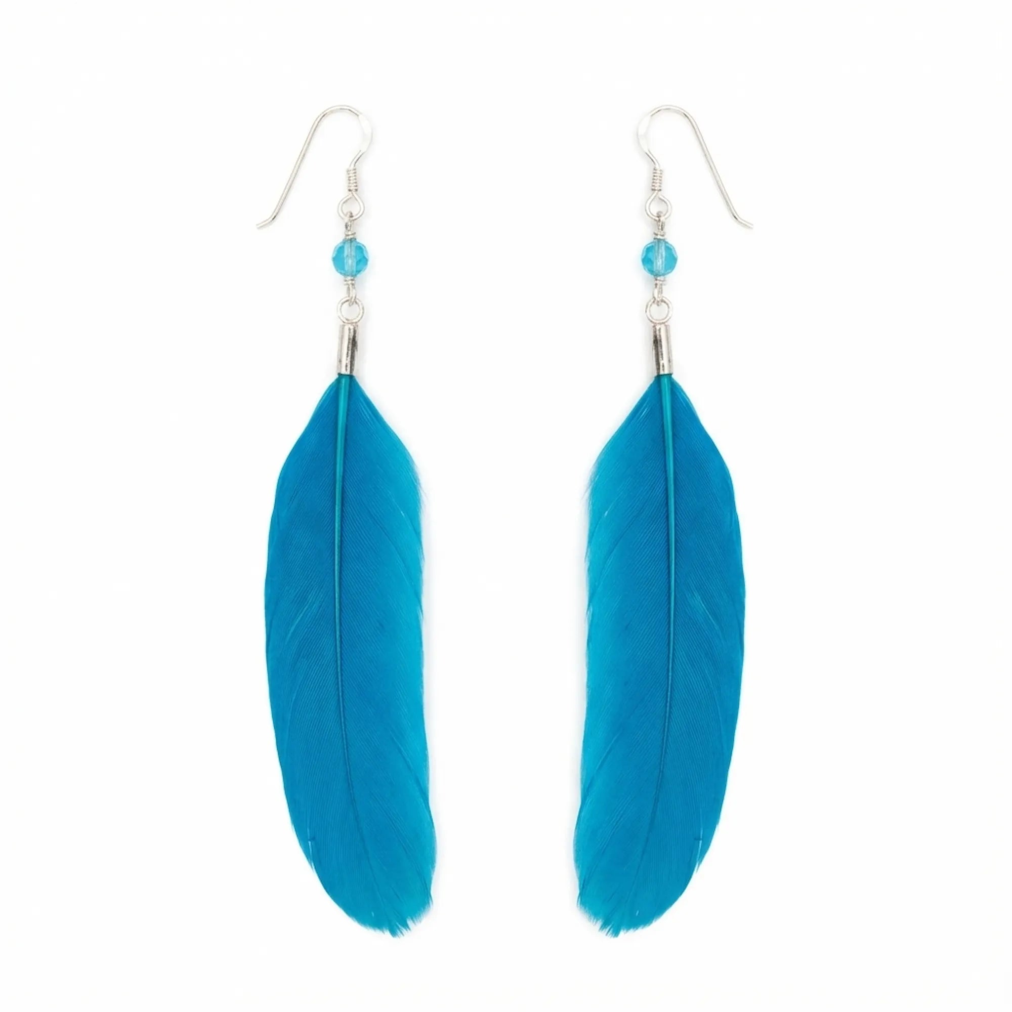 Electric blue feather drop earrings on 925 silver shepherd hook with crystal bead — product hero shot