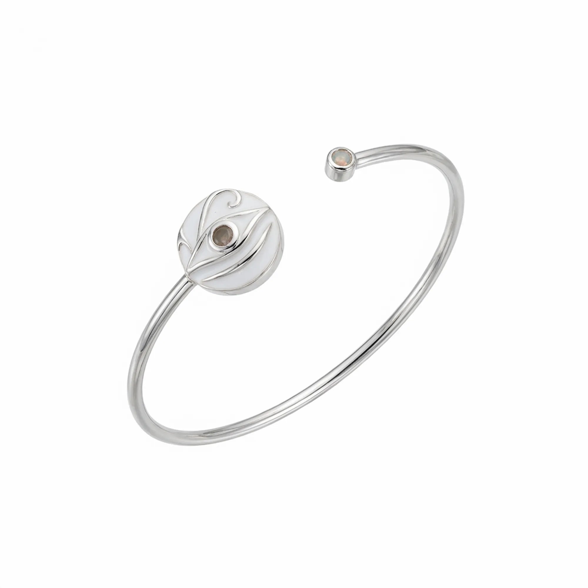 Evil eye cuff bangle, dual opal enamel, 925 sterling silver, white background, Luna Dura