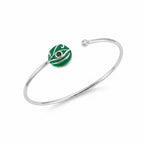 Evil eye cuff bangle, green peridot enamel, 925 sterling silver, white background, Luna Dura