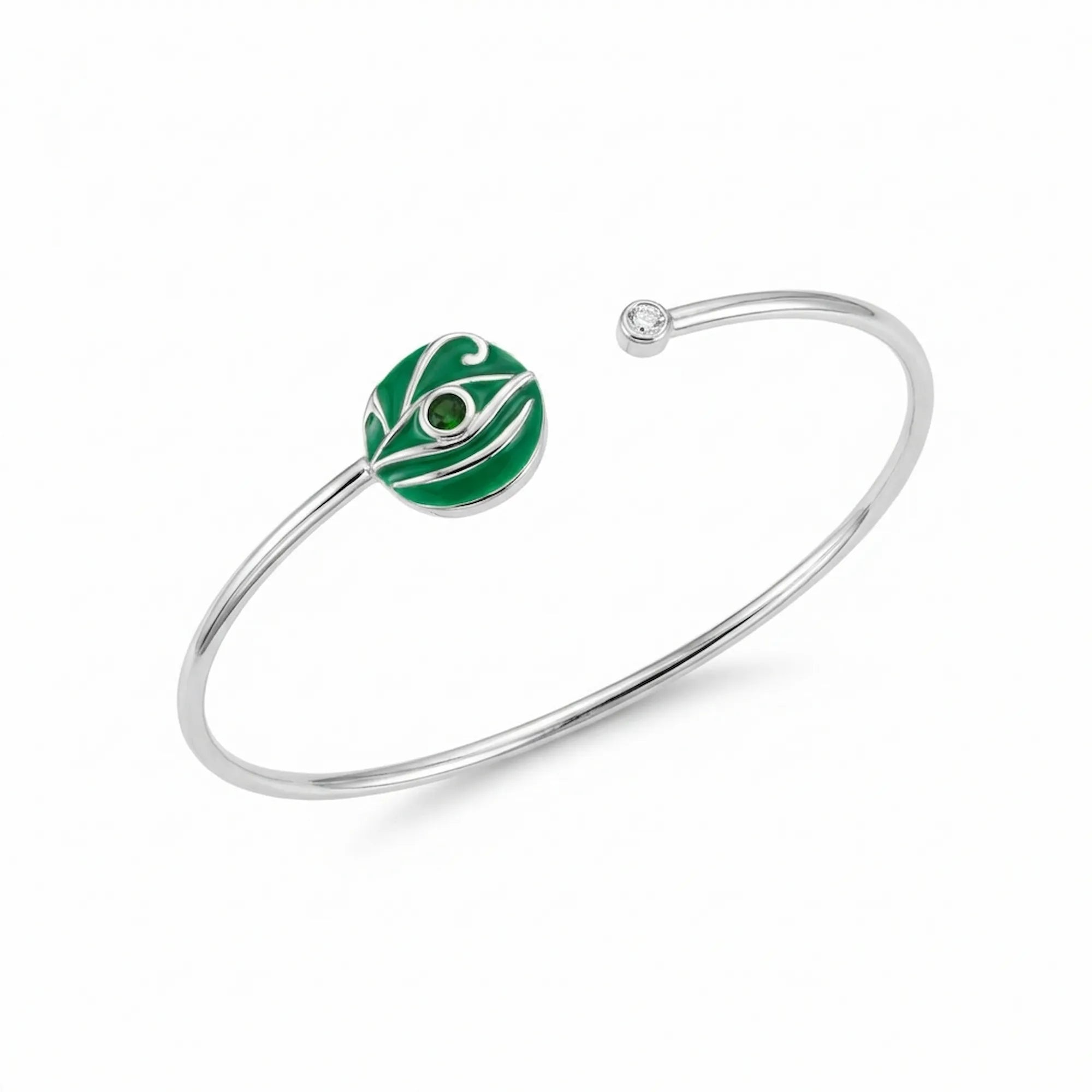 Evil eye cuff bangle, green peridot enamel, 925 sterling silver, white background, Luna Dura