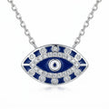 Evil eye pendant necklace in rhodium-plated 925 silver with royal blue enamel and white Cubic Zirconia halo, white background