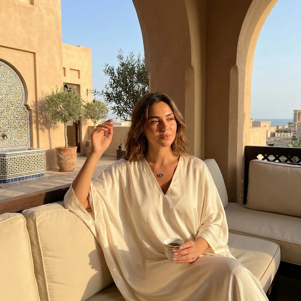 Blue enamel evil eye nazar pendant worn with cream abaya at Dubai heritage district terrace, wind tower and Gulf sea in background