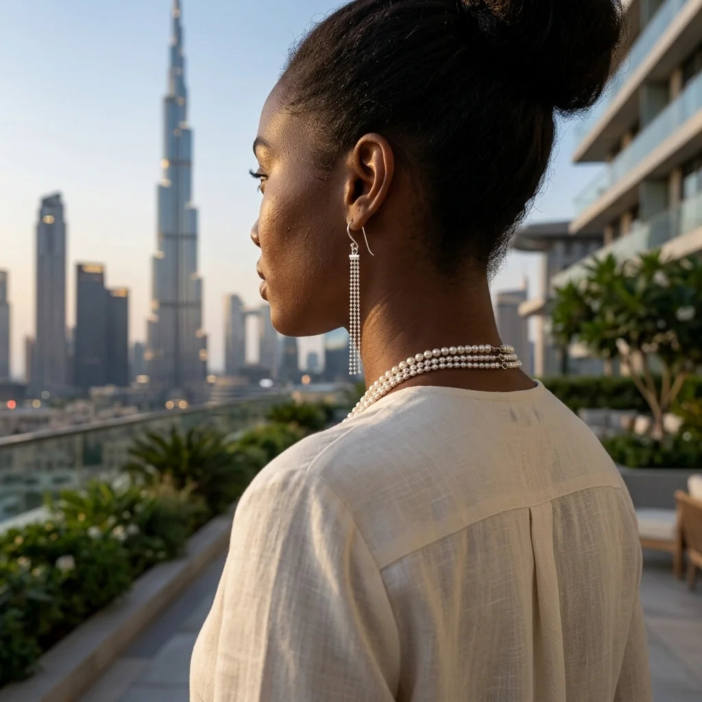 Woman wearing extra long 925 silver tassel dangle earrings with the Burj Khalifa in Dubai.