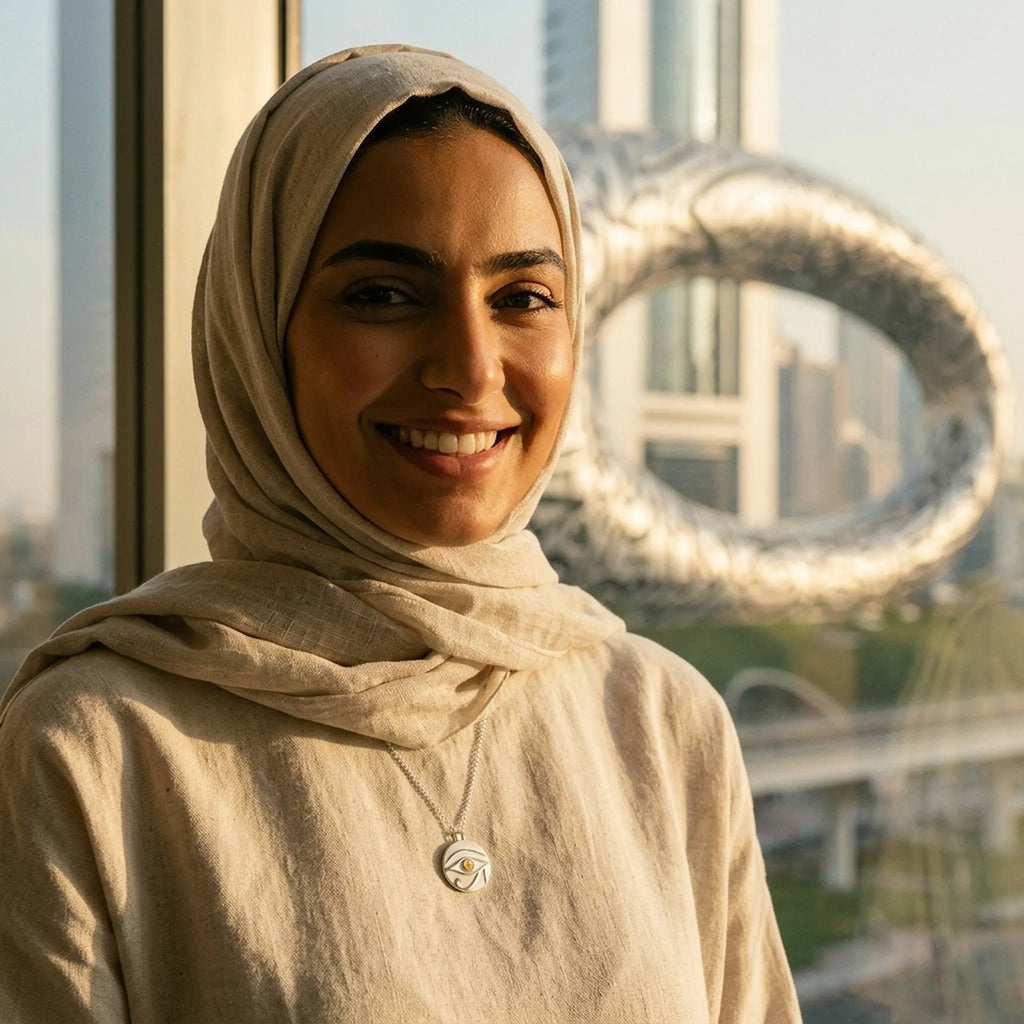 Woman wearing Eye of Horus fire opal silver pendant with Museum of the Future Dubai in background
