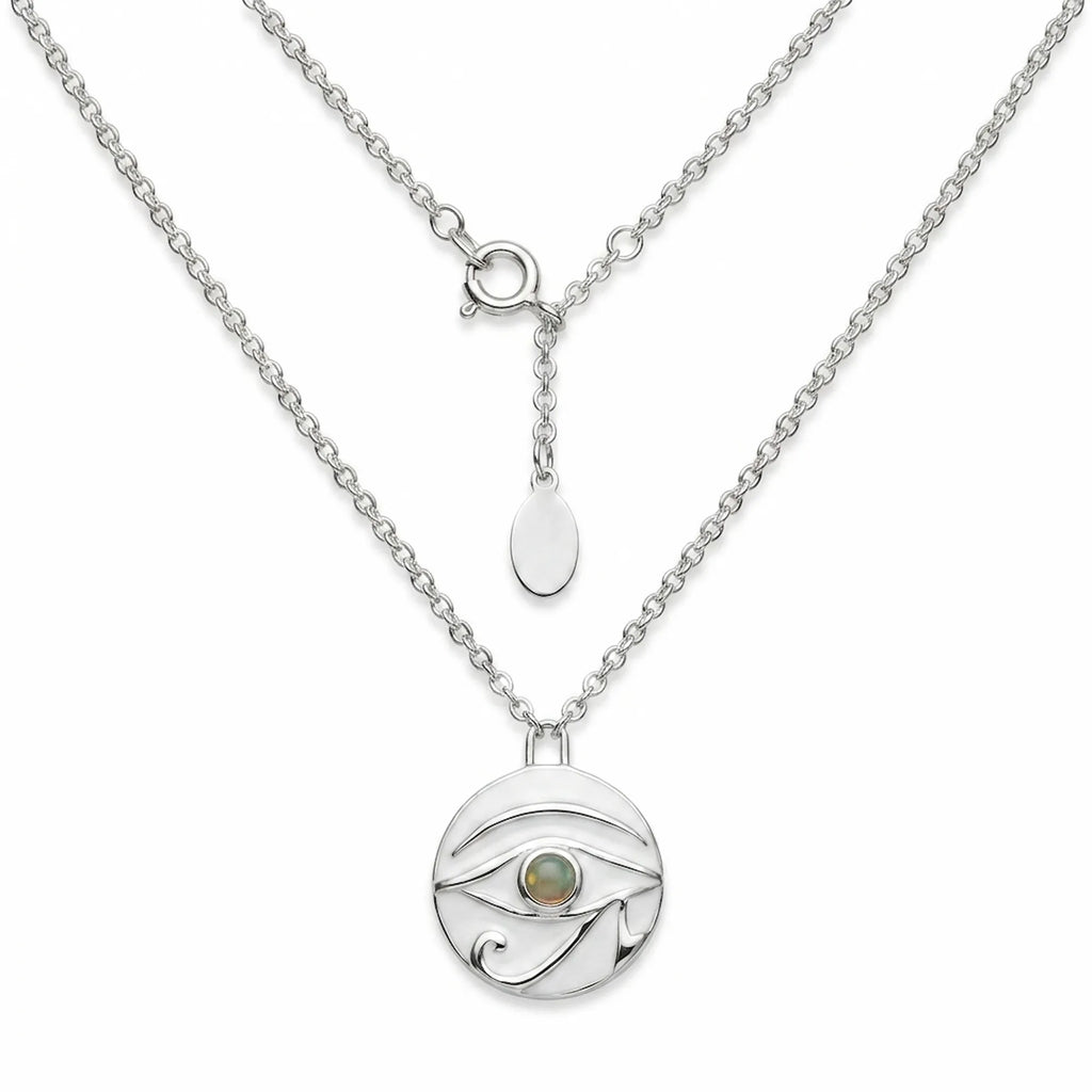 Eye of Horus pendant in 925 sterling silver with white enamel disc and natural fire opal cabochon
