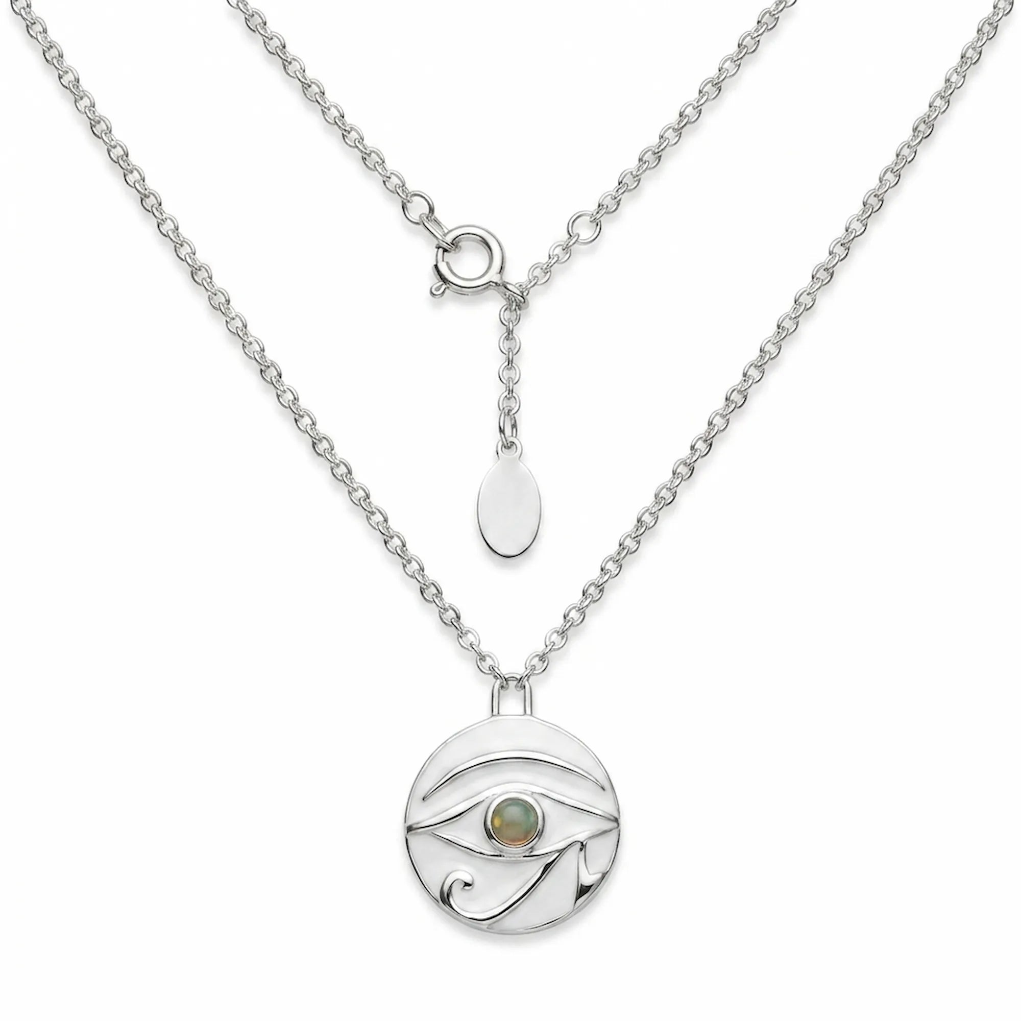 Eye of Horus pendant in 925 sterling silver with white enamel disc and natural fire opal cabochon