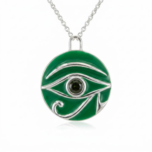 Eye of Horus pendant in 925 sterling silver with green enamel disc and natural peridot cabochon