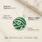 Eye of Horus peridot pendant specs — 19.60mm disc, 4mm natural peridot, 40cm chain, 925 sterling silver