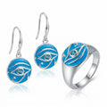 Eye of Horus azure enamel signet ring and drop earrings set, sky blue topaz, 925 sterling silver