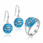 Eye of Horus azure enamel signet ring and drop earrings set, sky blue topaz, 925 sterling silver