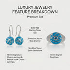Eye of Horus set feature card, 12mm earring charm and 14mm signet ring face, azure enamel, sky blue topaz