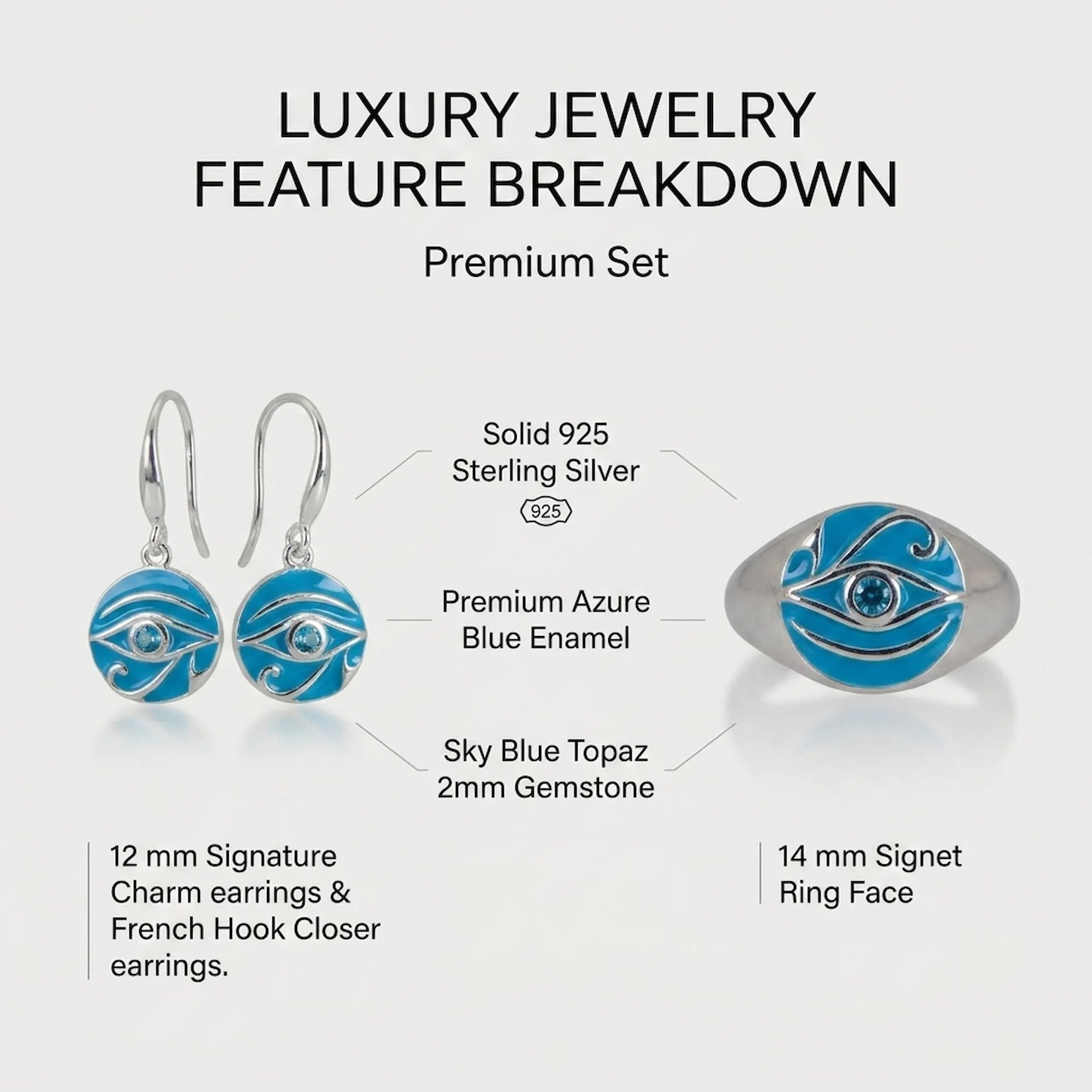 Eye of Horus set feature card, 12mm earring charm and 14mm signet ring face, azure enamel, sky blue topaz