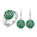 Eye of Horus peridot ring and earrings set in vivid green enamel and 925 sterling silver, white background