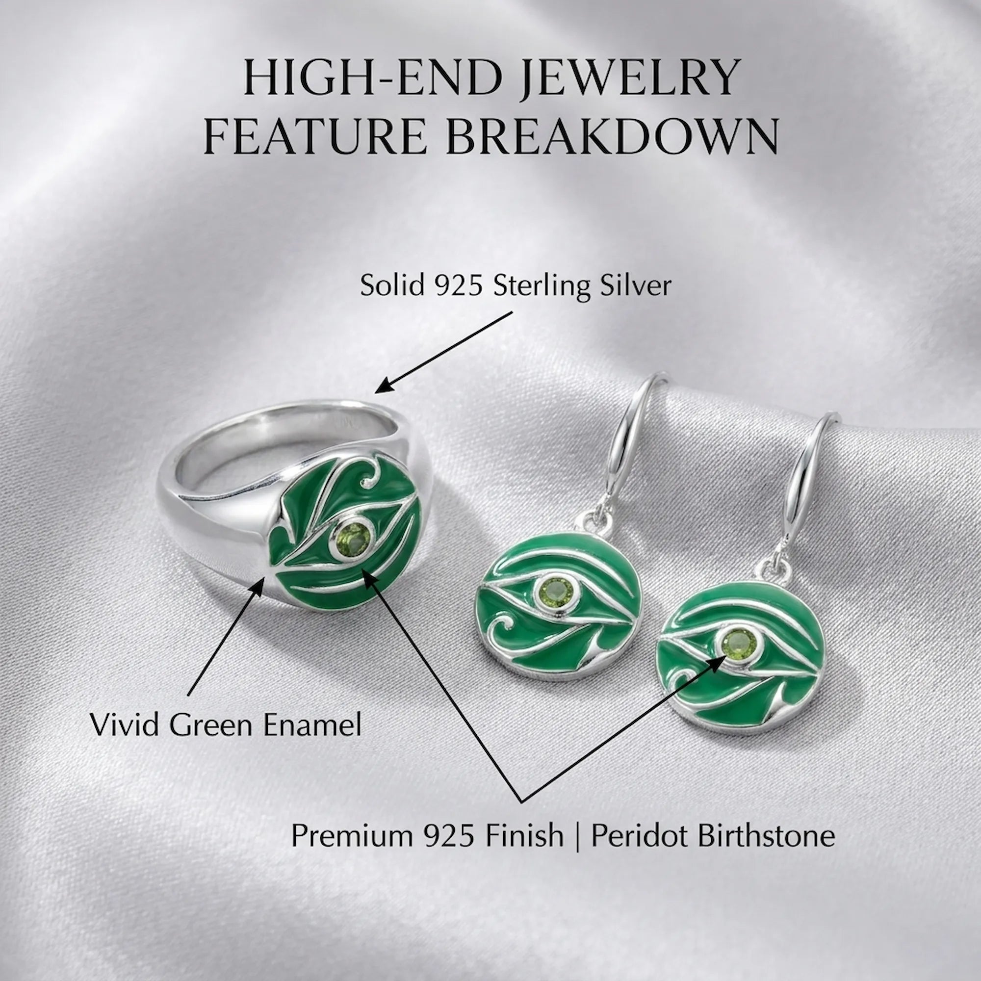Flat lay breakdown highlighting pure silver plating and august birthstone