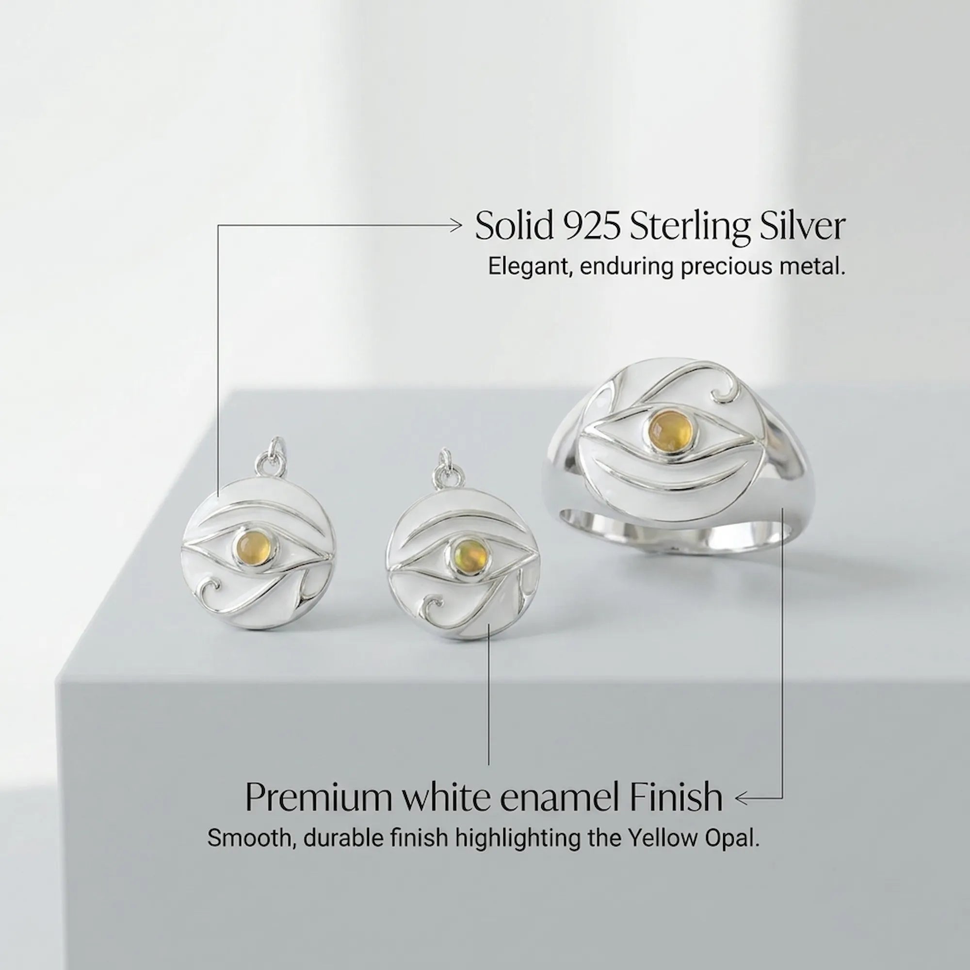 Feature breakdown of premium white enamel finish and solid 925 sterling silver