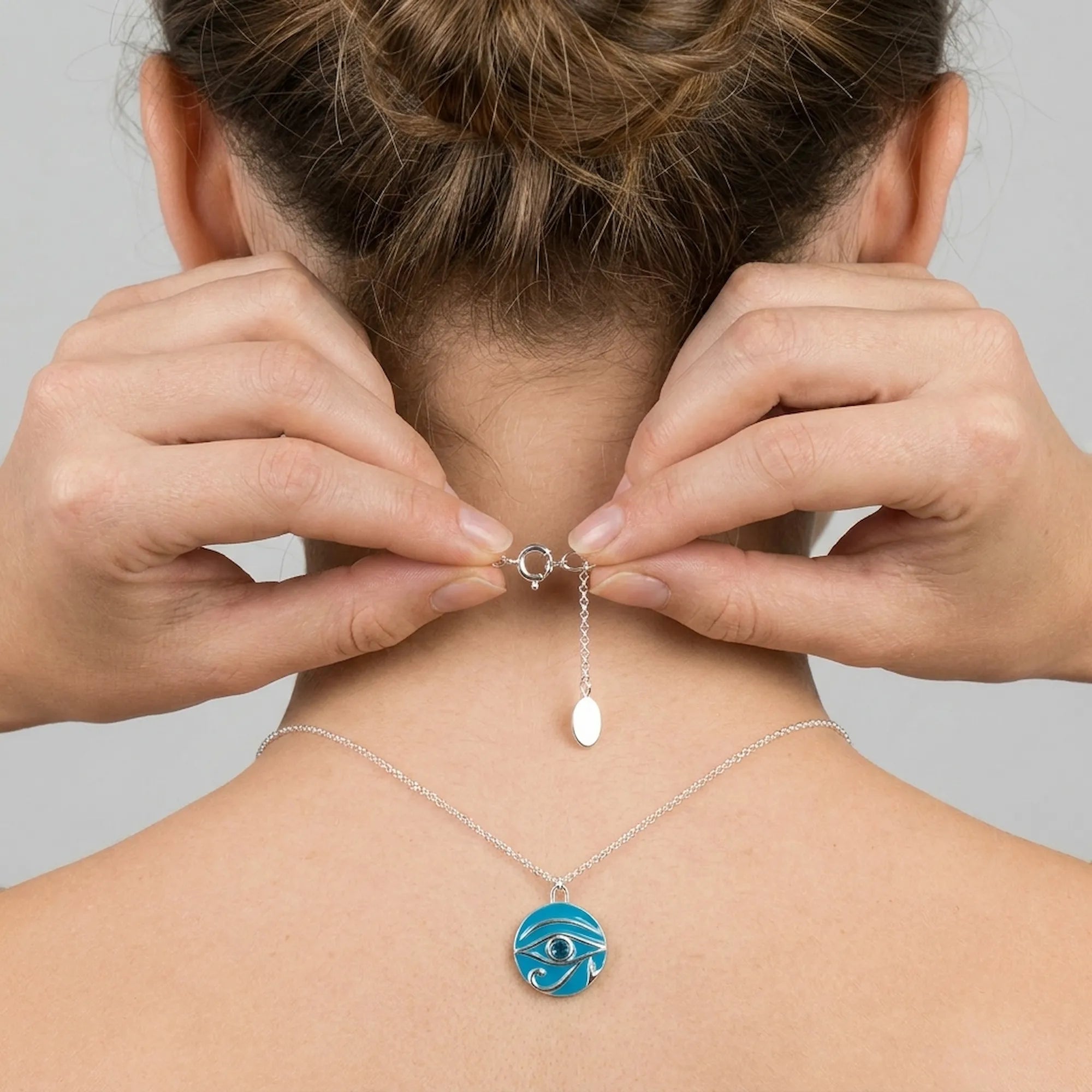 Back view showing spring ring clasp and 4cm extender of Eye of Horus necklace, Luna Dura