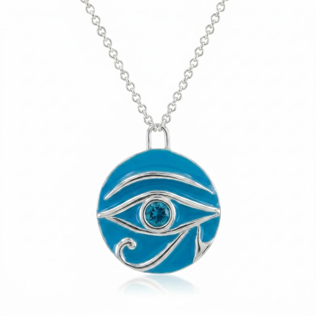 Eye of Horus enamel necklace, azure blue topaz, 925 sterling silver, white background, Luna Dura