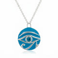 Eye of Horus enamel necklace, azure blue topaz, 925 sterling silver, white background, Luna Dura