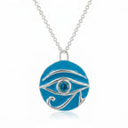 Eye of Horus enamel necklace, azure blue topaz, 925 sterling silver, white background, Luna Dura