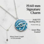 Eye of Horus necklace spec card, 19.60mm charm, 40cm chain with 4cm extender, azure blue enamel