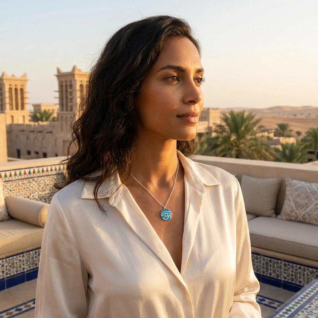 Eye of Horus blue topaz enamel necklace worn in Arabic tiled courtyard, Luna Dura Dubai