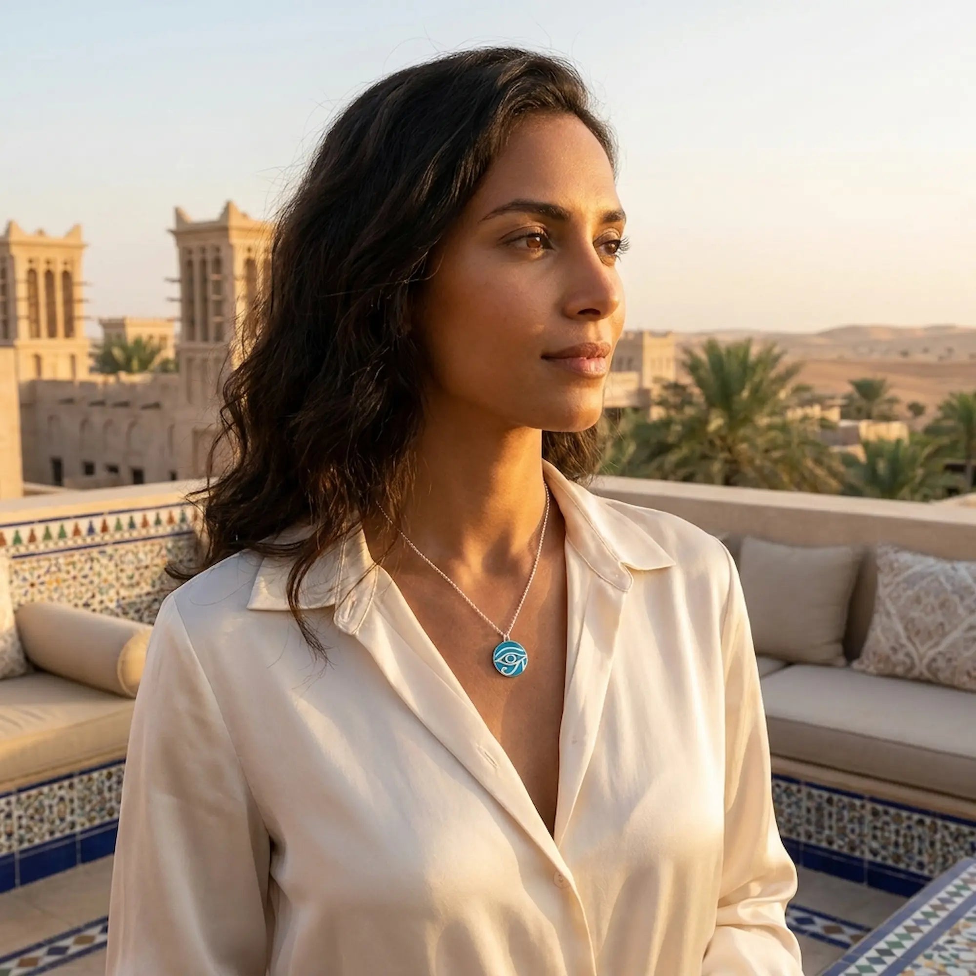 Eye of Horus blue topaz enamel necklace worn in Arabic tiled courtyard, Luna Dura Dubai