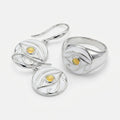 Eye of Horus yellow opal ring and earrings set, white enamel, 925 sterling silver, white background