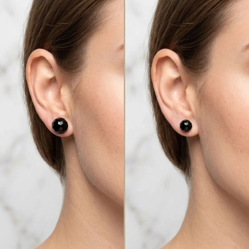 Side-by-side photographs of black faceted resin stud 10 mm and 08 mm earrings worn on the earlobe.