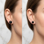 Side-by-side photographs of black faceted resin stud 10 mm and 08 mm earrings worn on the earlobe.